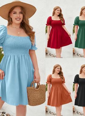 200斤大码胖女人夏季方领连衣裙 plus size women summer dresses