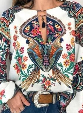 Printed round neck lantern sleeve shirt 印花圆领灯笼袖衬衣