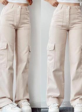 Straight Leg Cargo Pants Women HighWaist Baggy Trousers Lady