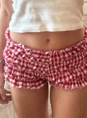 90s Vintage Cottage Plaid Shorts Elastic Slim Fit Bloomers P