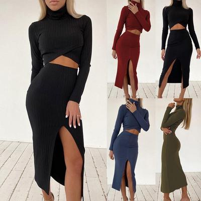 2024 Women's High Neck Long Sleeve T-Shirt Skirt Set