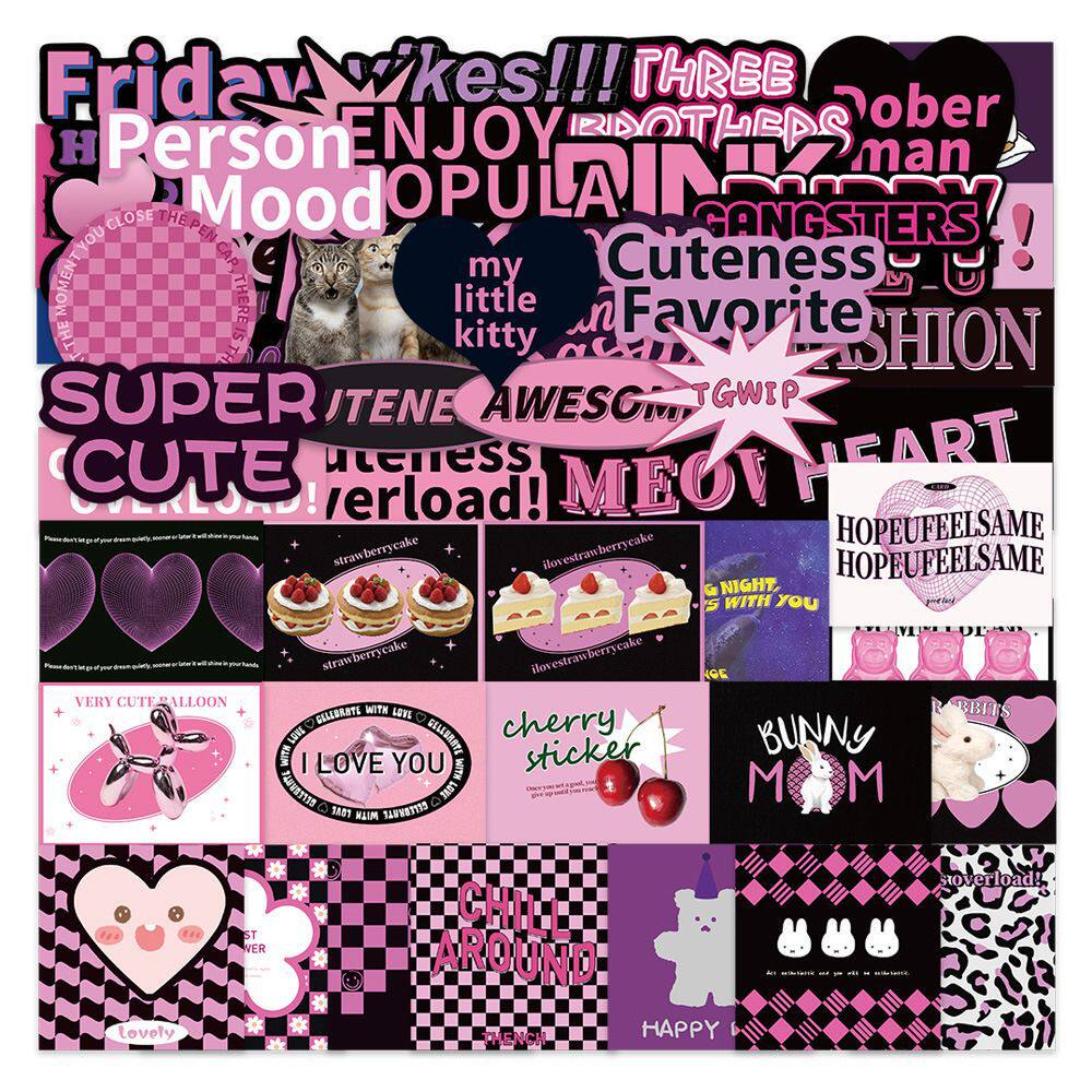 55张黑紫英文贴纸欧美复古DIY手机手账拉杆箱笔记本电脑装饰DIY