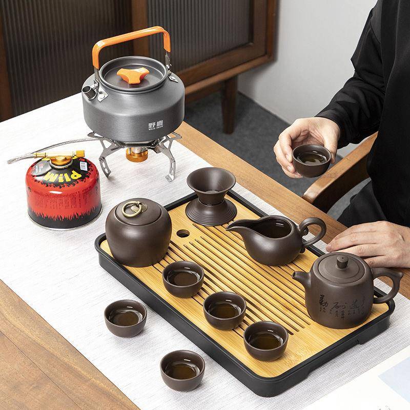 宜兴紫砂户外便携旅行茶具小套装车载露营带烧水壶卡式炉泡茶神器