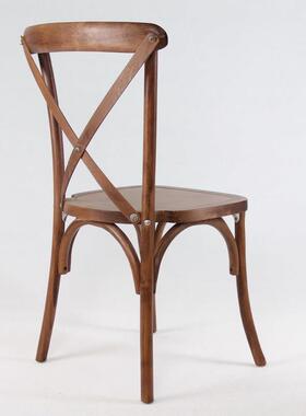 式仿古欧棕垫色木色餐椅做旧风格实木叉背椅原平板座P029-11叉背