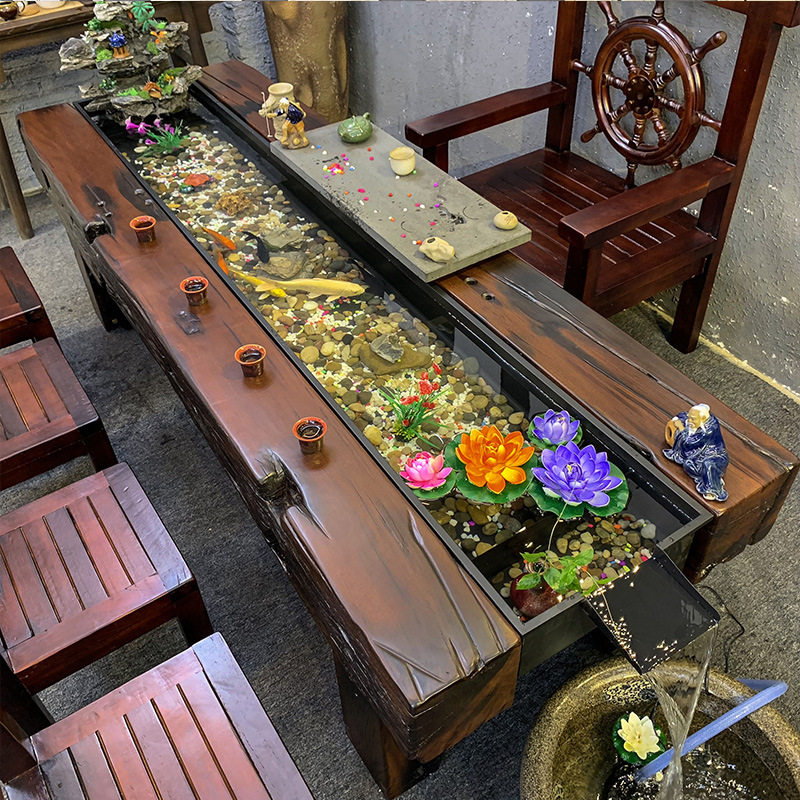 老船木阳台小茶桌茶道会客室做茶套装家用流水小茶几会客一桌五椅
