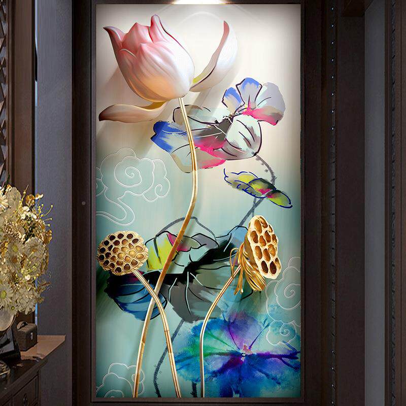 2025年新5D钻石满钻客厅荷花竖玄关水晶画点贴砖秀款十字HCL绣版2