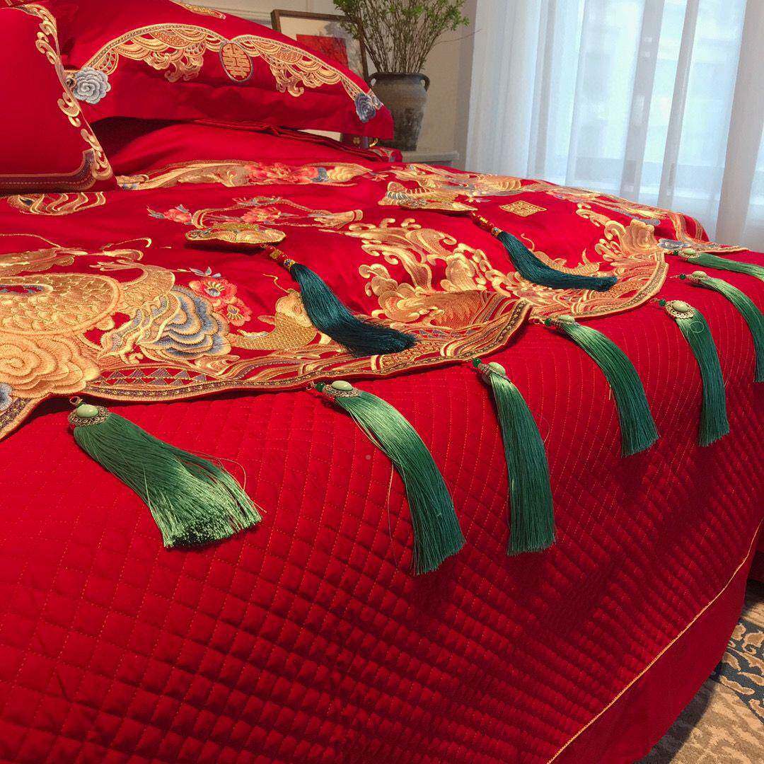 红庆色绣倾城龙凤结无品牌/婚嫁喜被四件套全棉刺高档婚婚床上用