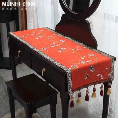 新中式梳台布桌妆布DLL欧式奢棉轻麻收纳柜一体化妆盖桌化妆台防