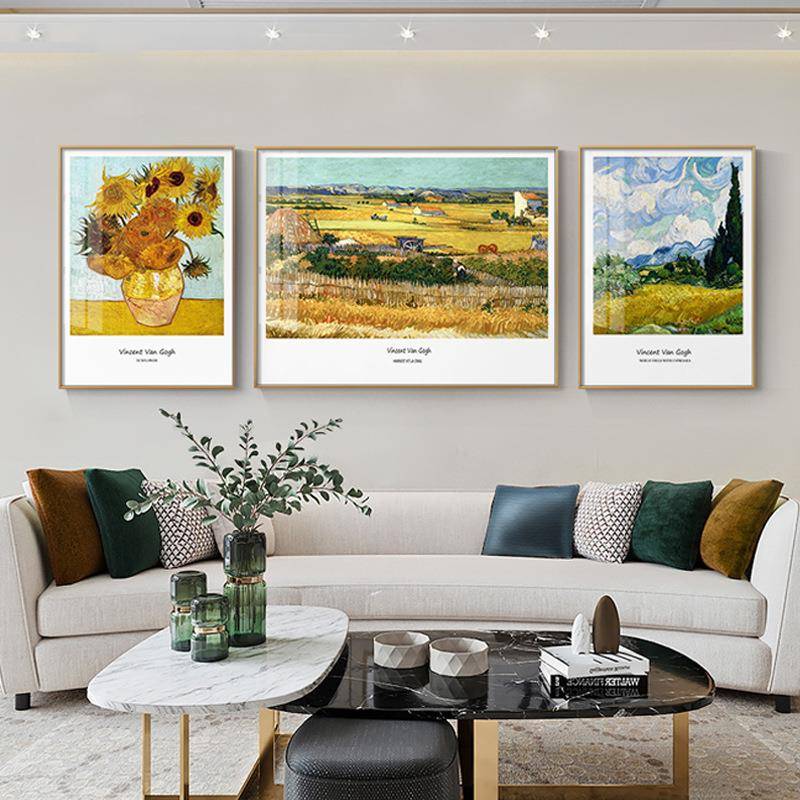 梵高名画丰收星空墙画客厅三联装饰ORO画现人代简名约餐厅组合挂