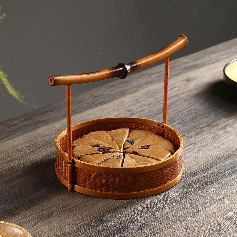 藤编盘UFD竹圆形托工筐水果篮编织面包筐客厅装饰家用收纳带提手