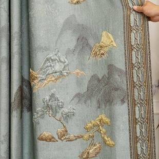 4水画高档客厅室精密4D大厚浮雕提卧花窗帘高加 914 中式 窗帘山21