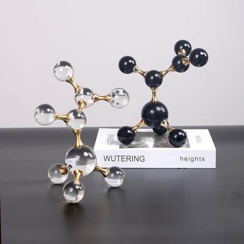 欧美极简轻奢样板间办公室书房博古架装饰品金属水晶分子结构摆件