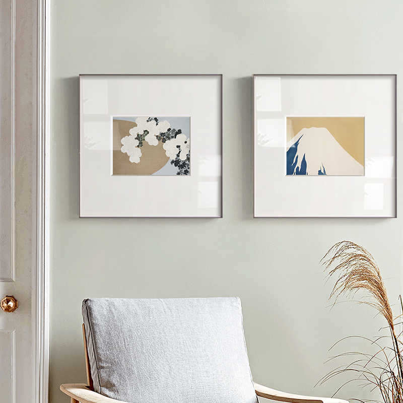 日式和风浮世绘抽象风景装饰画三联卧室床头餐厅正方形原木风挂画图片