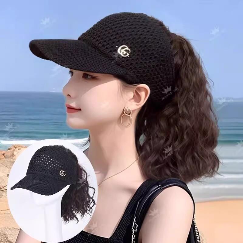 帽子彷真发女夏季时尚遮阳透气鸭舌帽彷真短卷发高马尾一体式发饰