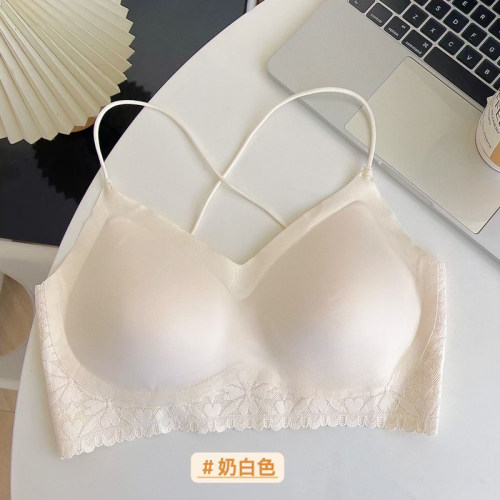 夏季无痕美背文胸 乳胶固定杯交叉肩带蕾丝背心 裸感设计无钢圈文