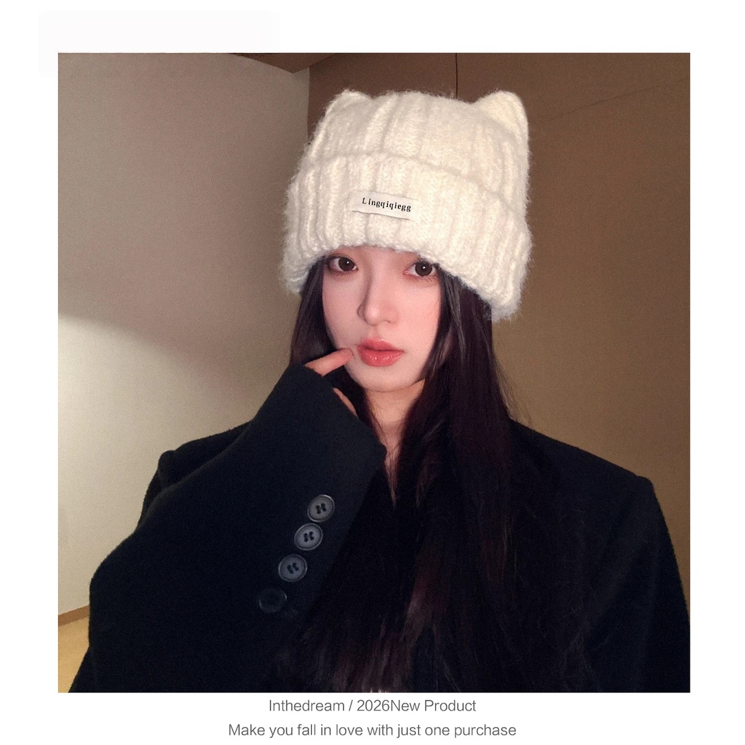 INTHEDREAM猫耳朵毛线帽大头围女款护耳冷帽子秋冬季加厚防寒