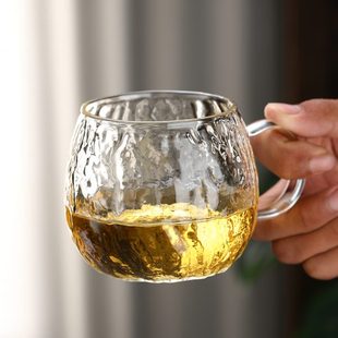 网红喝水加厚耐高温纹树皮玻璃杯带把可加热咖啡平底杯子泡茶家用