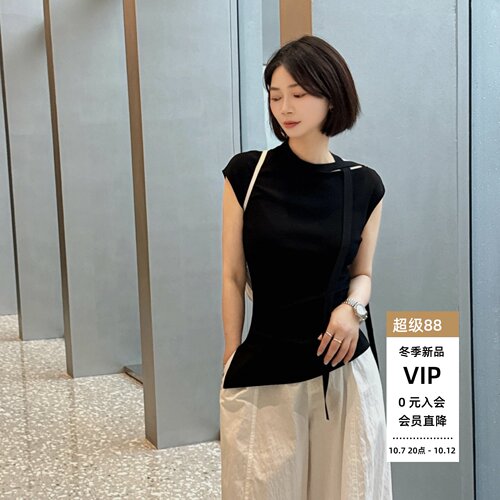 夏季黑色绑带显瘦不对称背心
