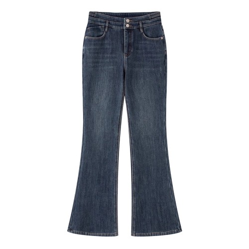 冬季新款高腰休闲微喇加绒牛仔裤