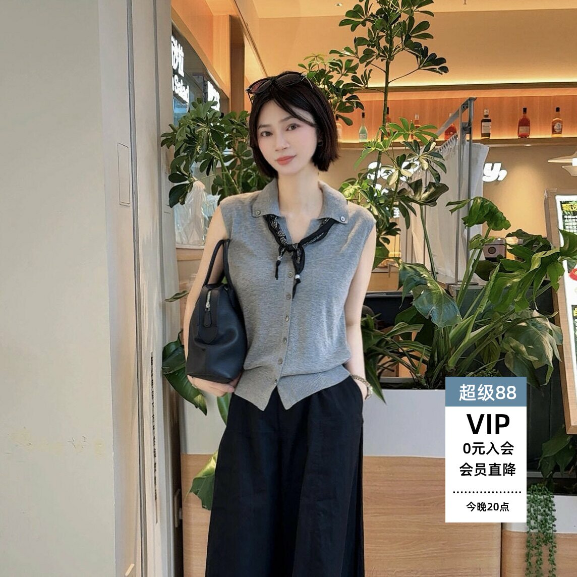 系带翻领无袖针织开衫背心女灰色
