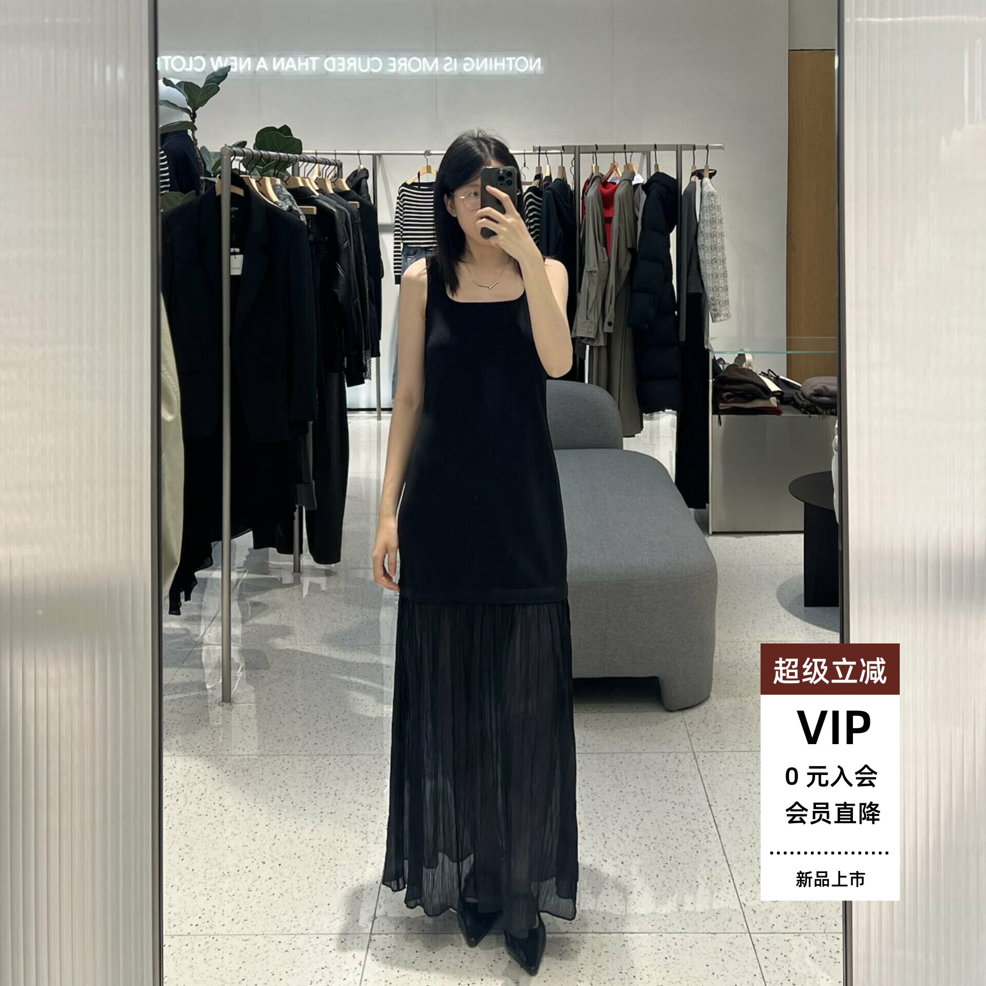 黑色无袖吊带连衣裙拼接百褶女裙