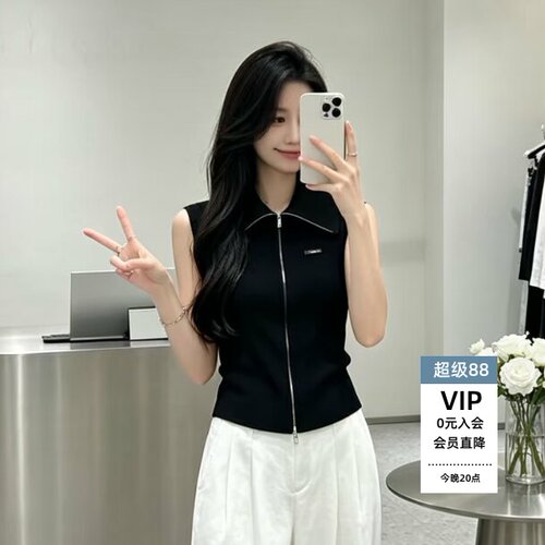 2026新款黑色翻领拉链针织马甲