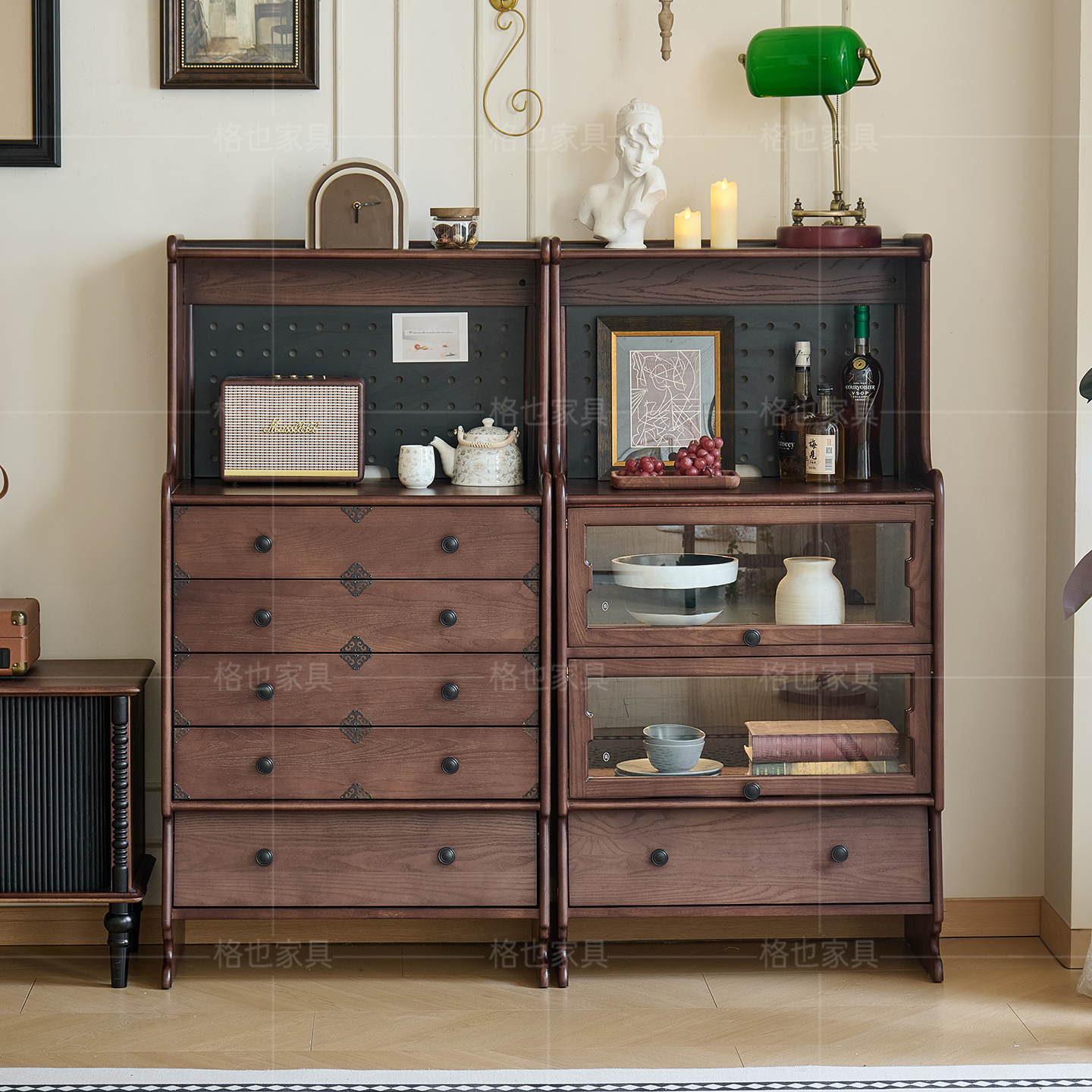 法式复古全实木袋鼠餐边柜组合中古风客厅家用小户型红橡木储物柜