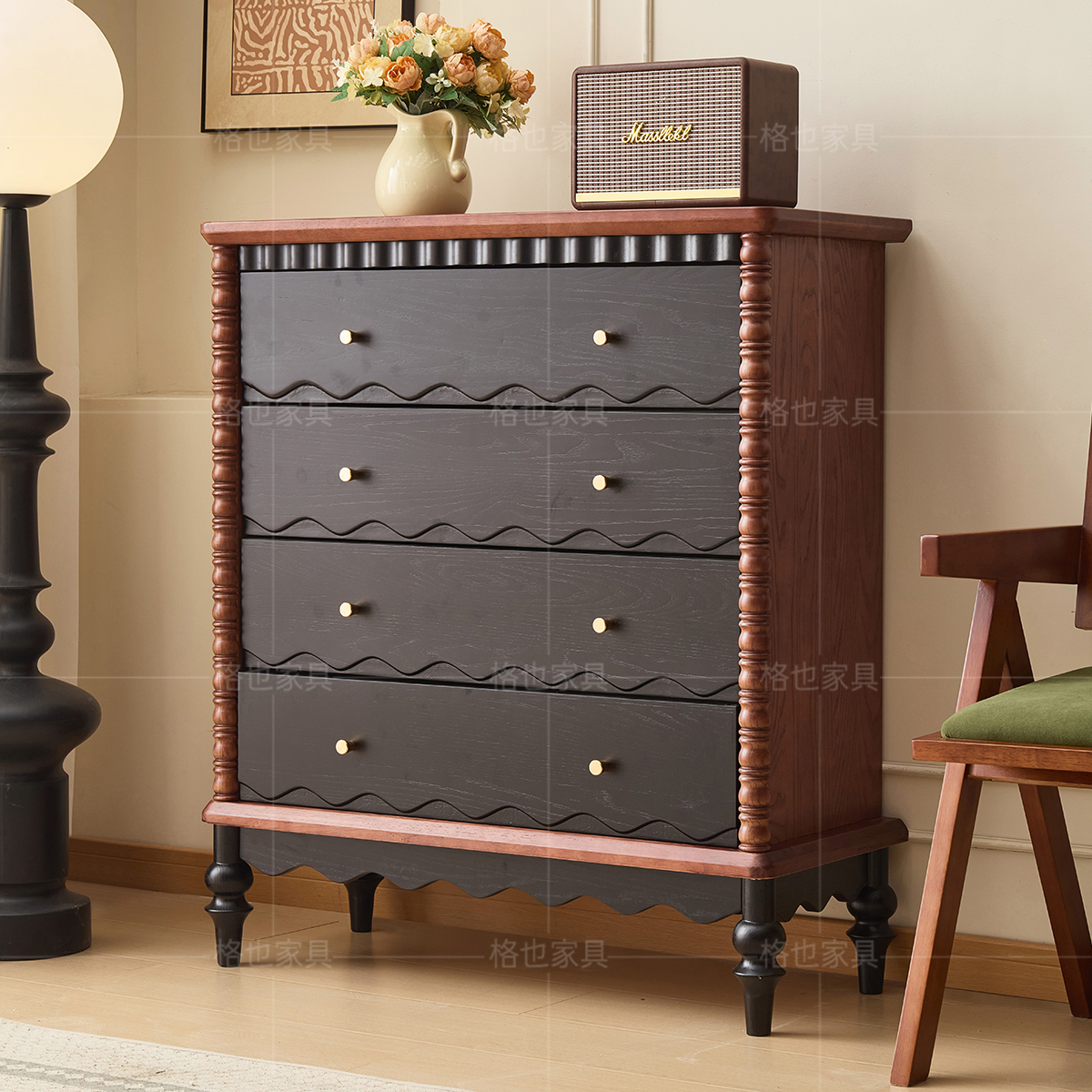 法式复古红橡木实木四斗柜卧室中古风储物收纳柜小户型家用抽屉柜