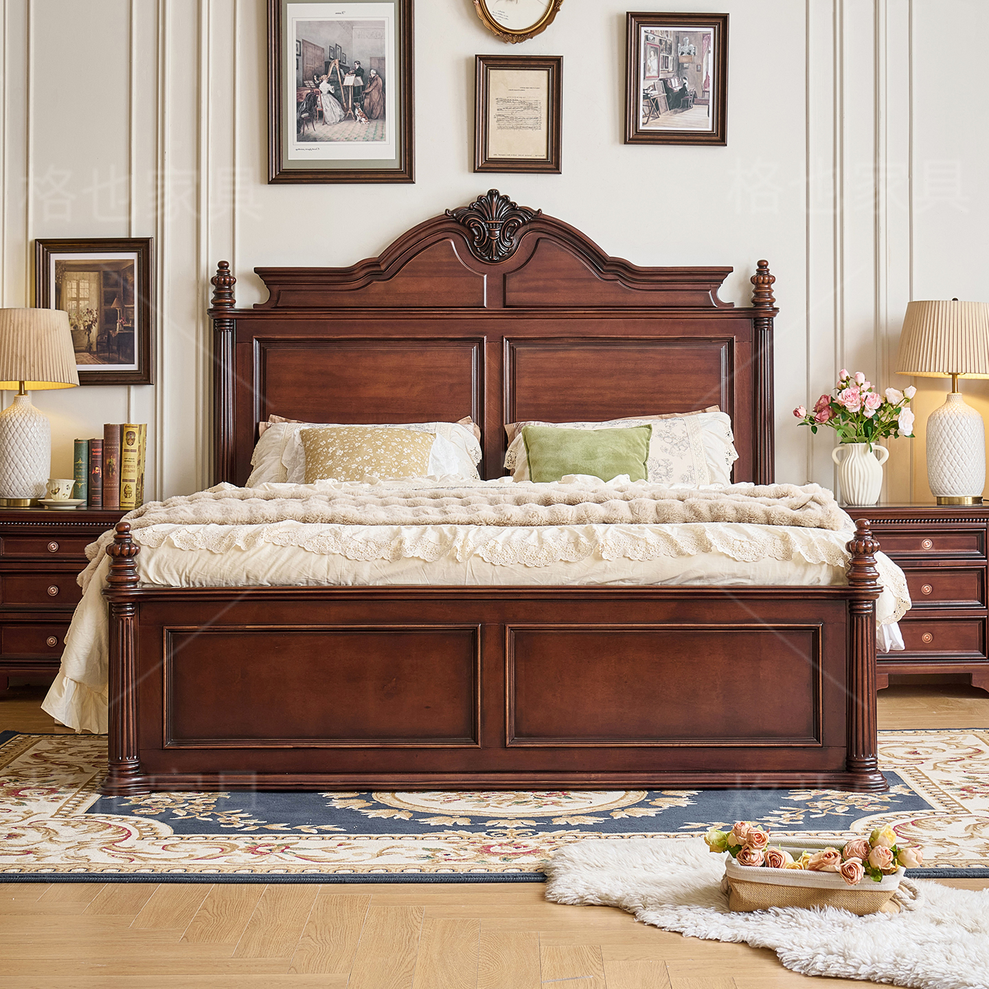 美式乡村全实木1米8双人床主卧室复古高端雕花婚床胡桃木新古典床