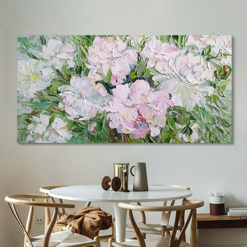 花开富贵牡丹花手绘油画抽象花卉客厅装饰画卧室横版肌理刀画挂画