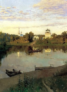 列维坦风景画装饰画欧式油画墙画 傍晚的钟声 风景画玄关油画 湖