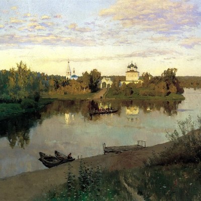 列维坦风景画装饰画欧式油画墙画 傍晚的钟声 风景画玄关油画 湖