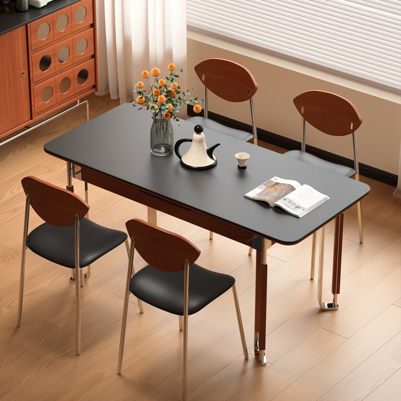 木小咖 实木伸缩餐桌长方形家用现代简约饭桌中古风餐桌椅组合