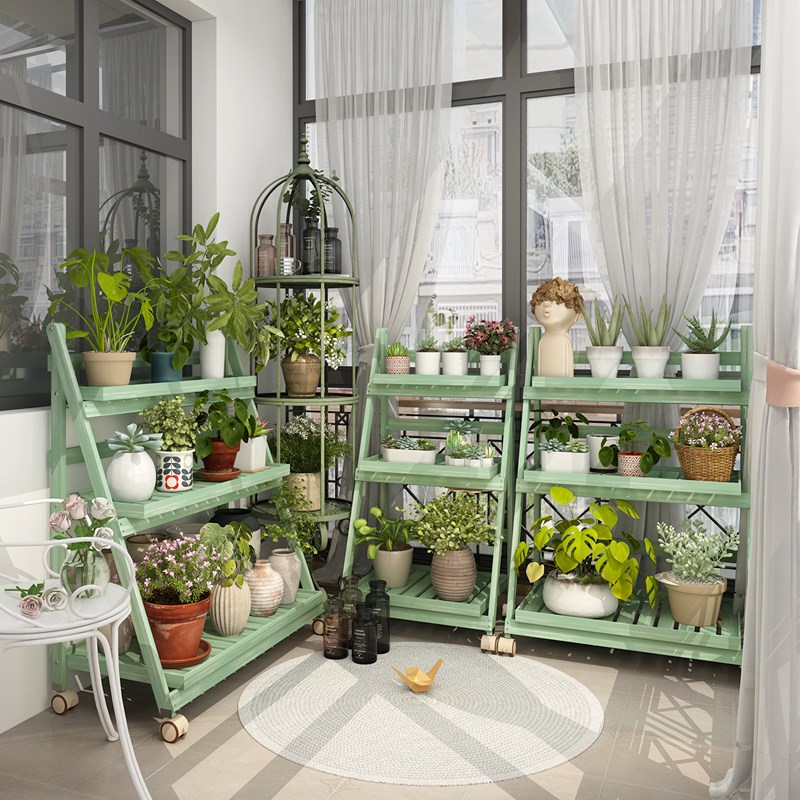 绿植置物架多肉花架子阳台多层落地式实木植物摆放架移动花架带轮