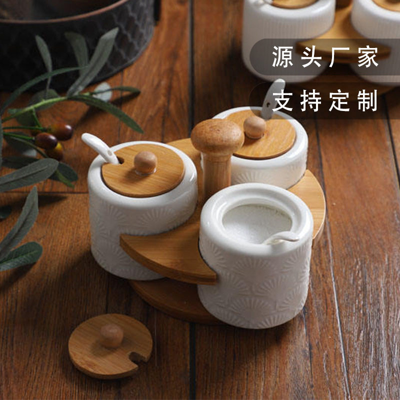 创意新设计旋转陶瓷调味罐套装家用厨房白色盐醋调味罐