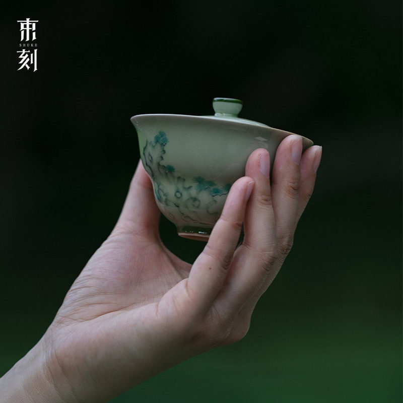 束刻 觅青釉下粉彩手绘太湖石苍翠葫芦绽放盖碗手工薄胎不烫手