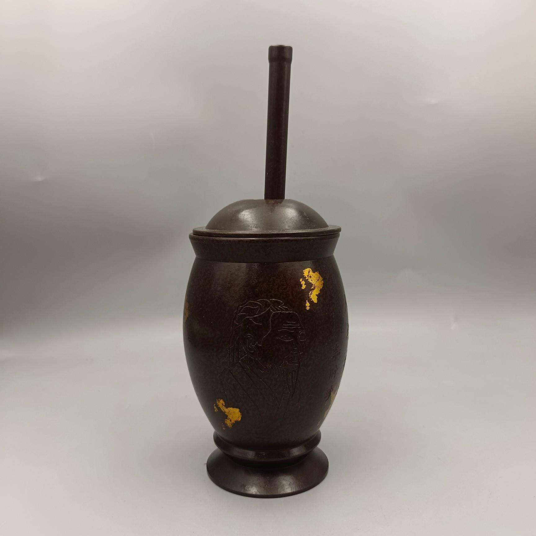 仿古铜捣药罐碓对窝研磨用品李时珍图捣药罐家居工艺品摆件