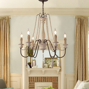 北欧宫廷风复古实木灯北欧餐厅吊灯尖顶卧室吊灯轻奢法式木珠吊灯