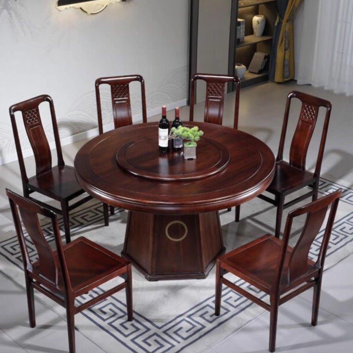 乌金木全实木餐桌桌椅组合新中式酒店家用大小户型带实木转盘餐桌