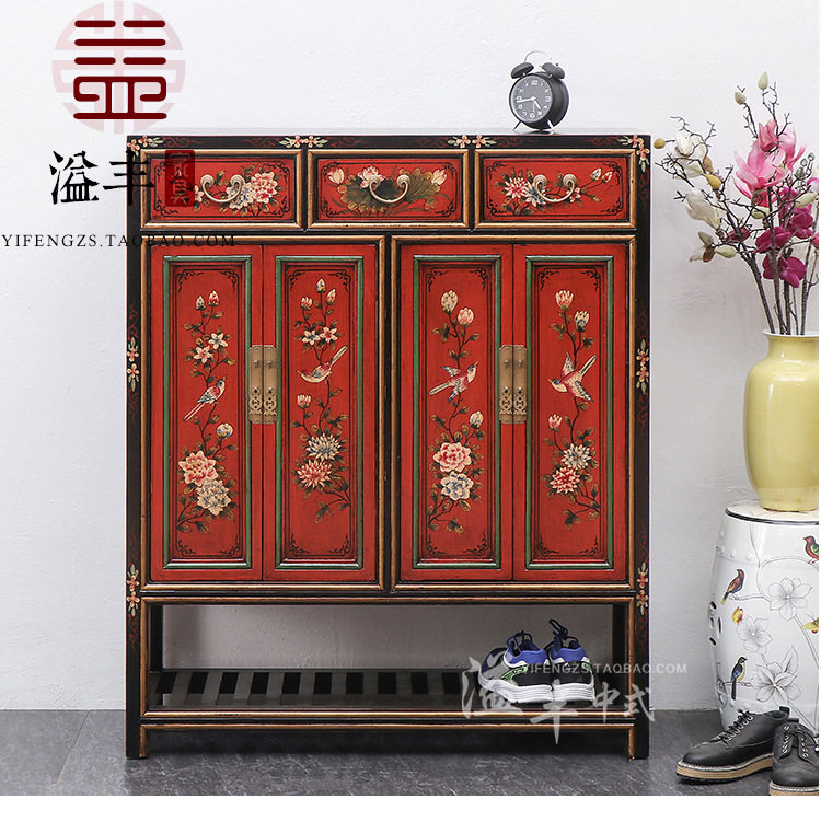 中式家具彩绘鞋柜玄关门厅实木仿古储物收纳装饰柜复古隔断入门柜