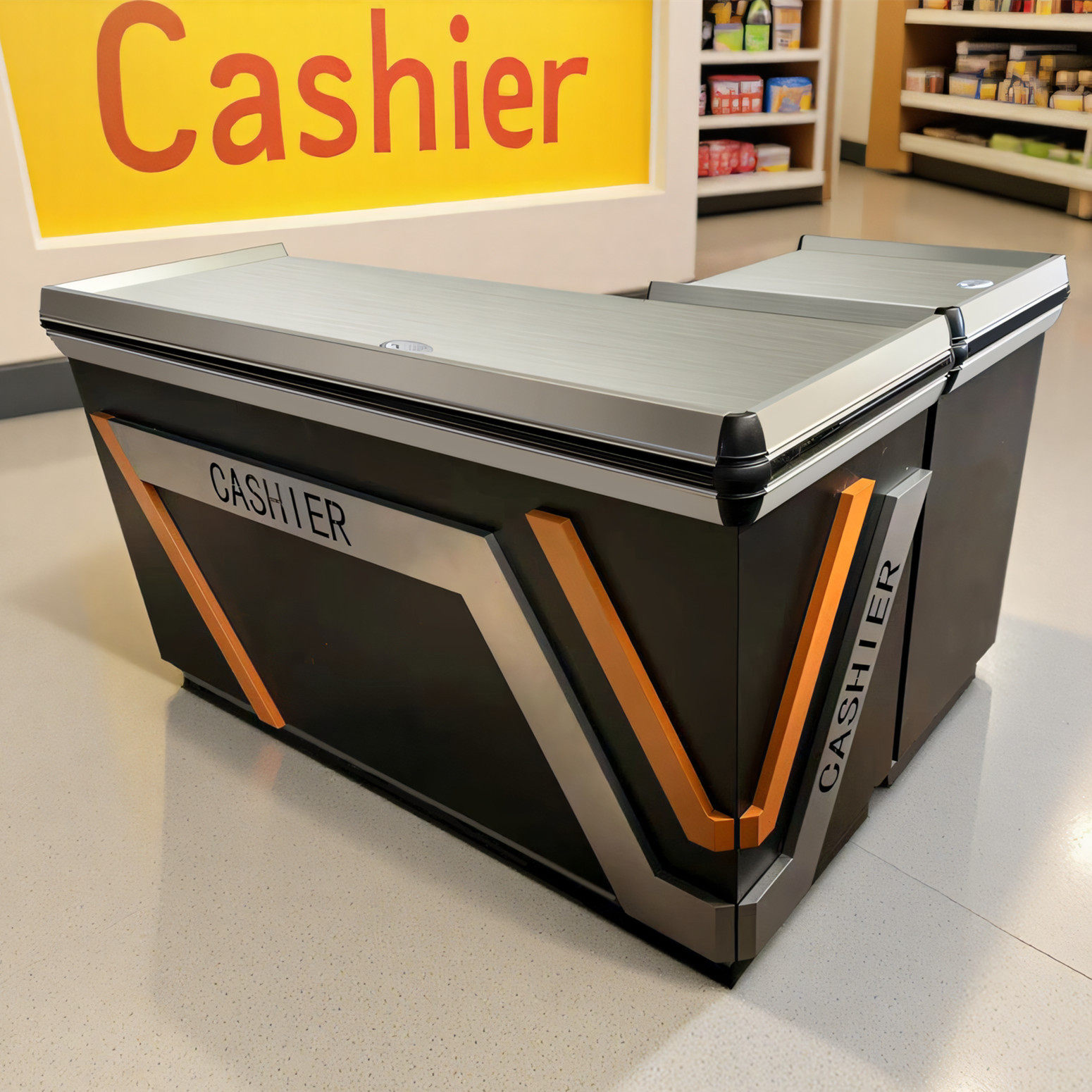 超市新款收银台工业风橙色V转角不锈钢金属Cashier商店高档收钱桌