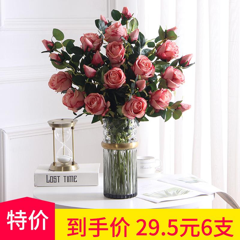 轻奢仿真玫瑰花花艺假花绢花摆件客厅餐桌装饰插花束摆设含花瓶