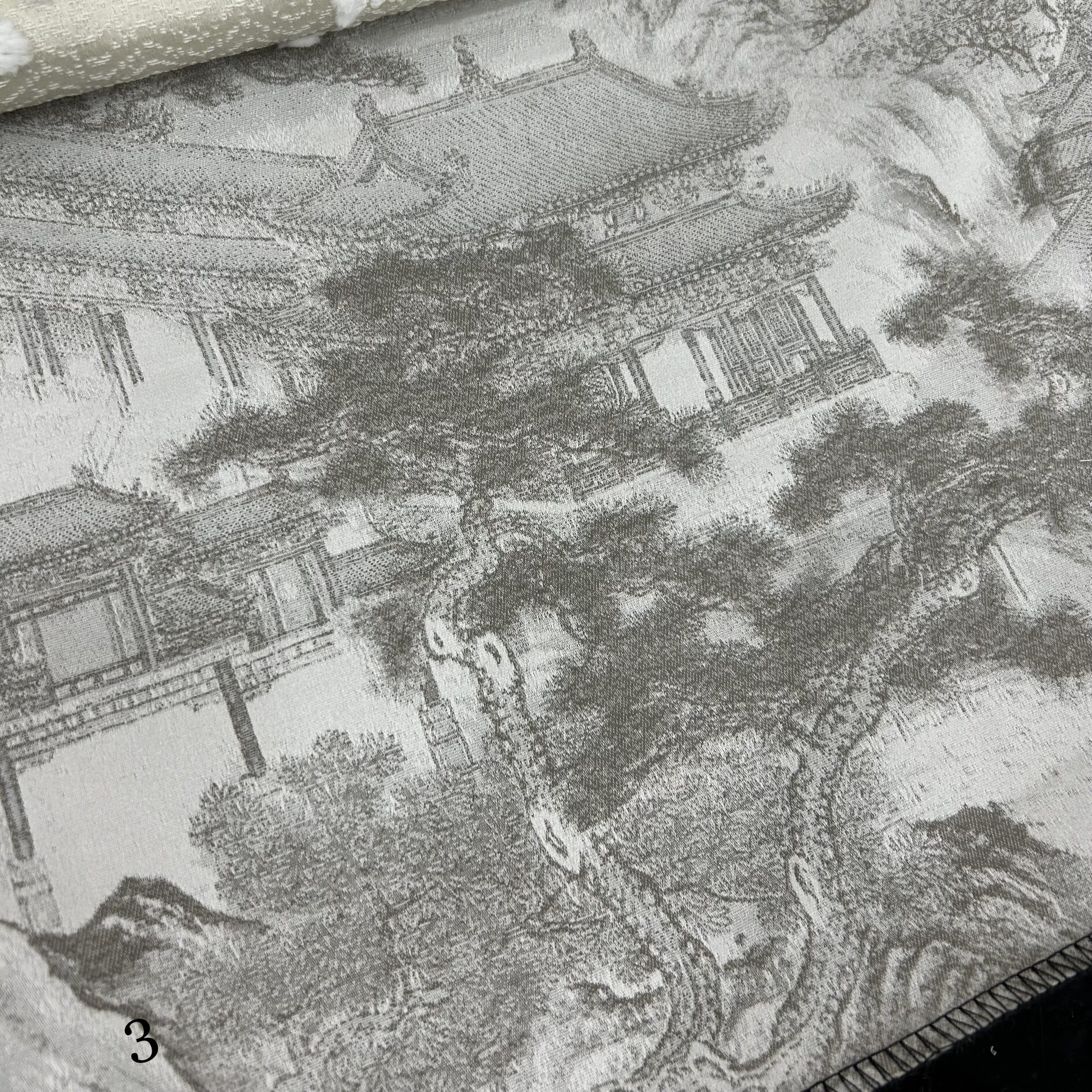 宽幅290cm定宽新中式古风建筑亭台楼阁仿真丝提花窗帘布
