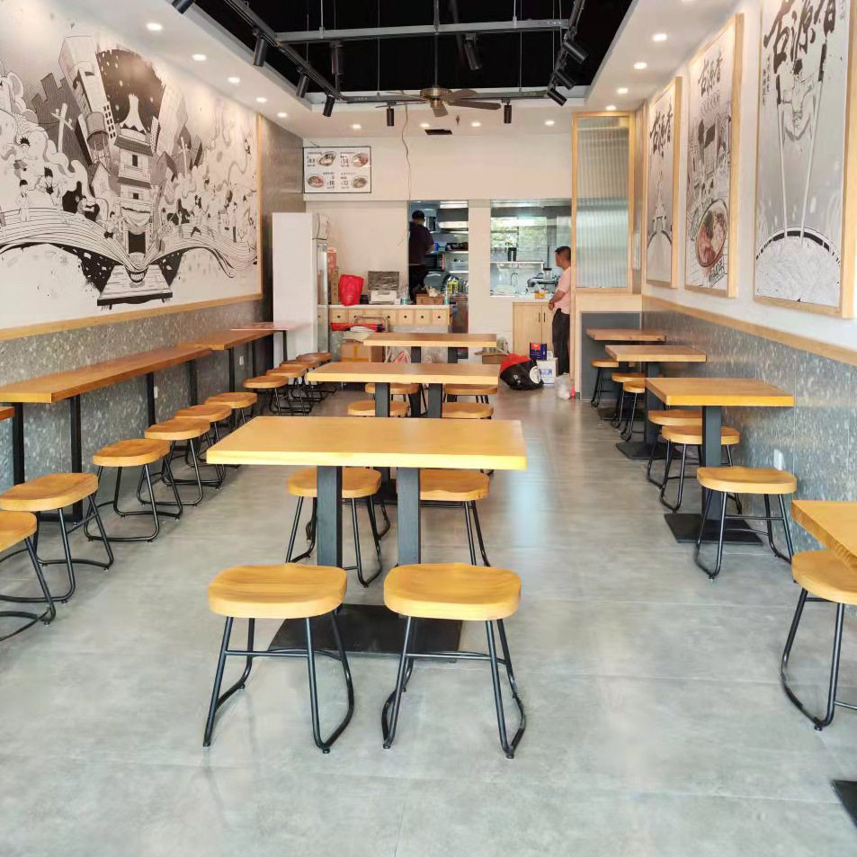 餐厅实木桌椅组合小吃店网红汤面馆简约餐桌商用店铺方形一桌两椅