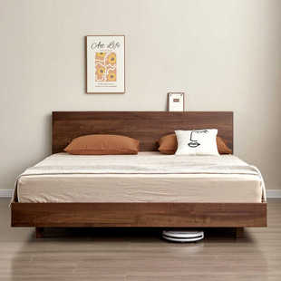 黑胡桃实木床现代简约主卧高端大气1.5悬浮双人床1.8米2米床1