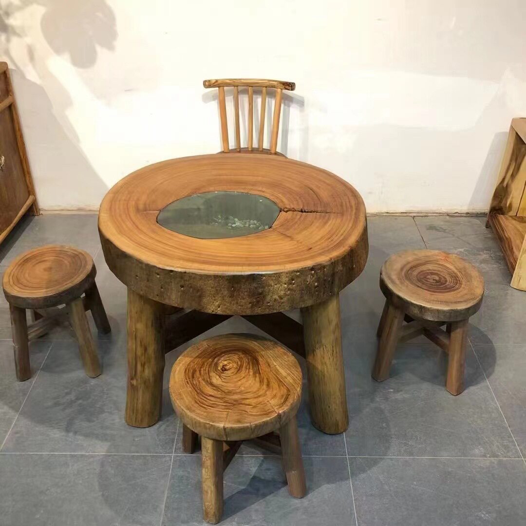 原生态香樟木独板圆形石磨茶桌椅