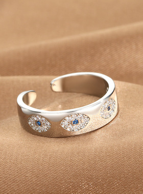 土耳其恶魔之眼开口戒指 Evil Eye蓝眼睛镶钻尾戒法蒂玛之手指环