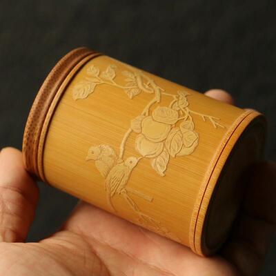 老玉竹东阳名家七竹本工精工留青雕刻茶道茶叶罐茶仓竹器把件把玩