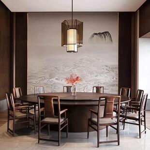 会所新中式酒店餐桌电动大圆桌12/15/20人胡桃色2.2/2.4/3米圆台