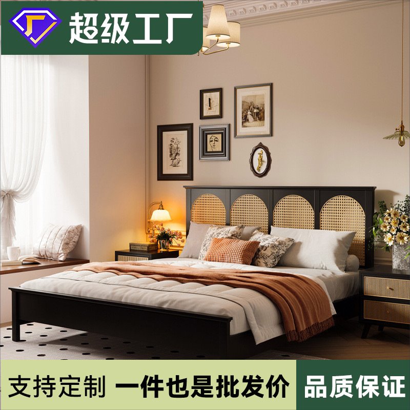 复古风全实木藤编床1米5双人大床架主卧室中古美法式1.8民宿藤床